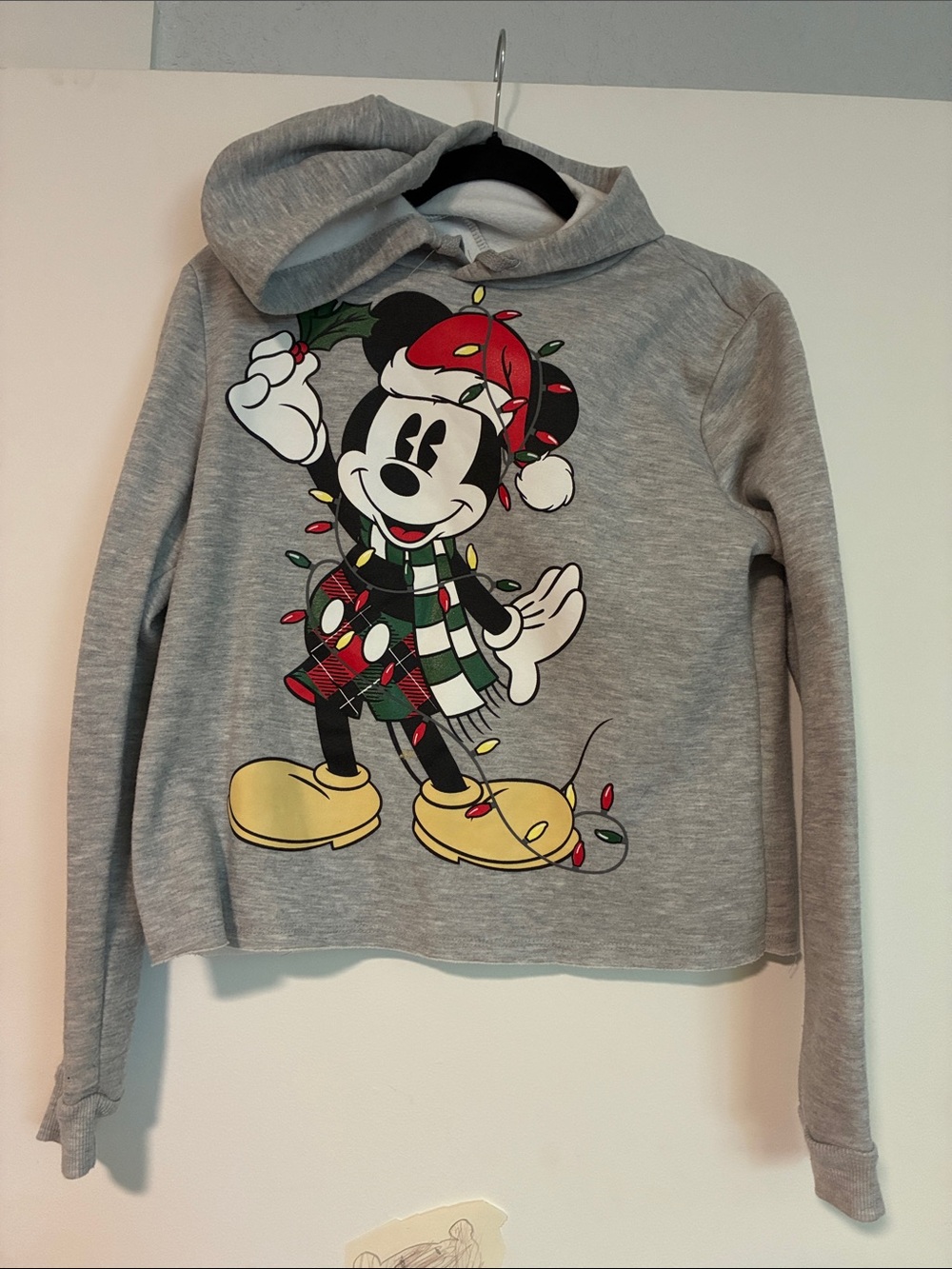 Disney Gray Mickey Mouse Holiday cropped Hoodie Sweatshirt